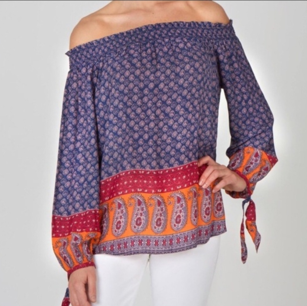 Beach Lunch Lounge Kate off shoulder‎ Navy Red top cuff ties sz M Womens